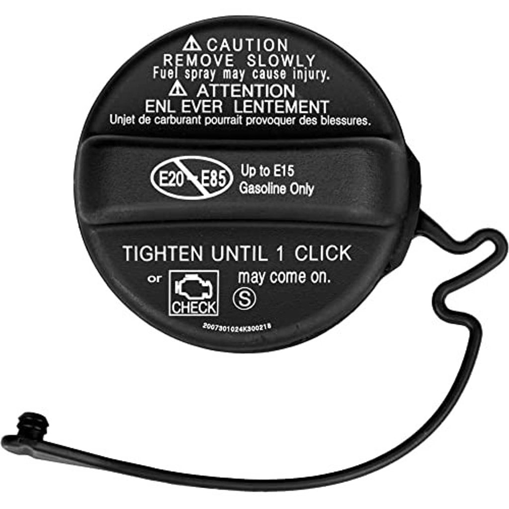 Black fuel gas cap with caution label, E20/E85 gasoline only, and tether hose