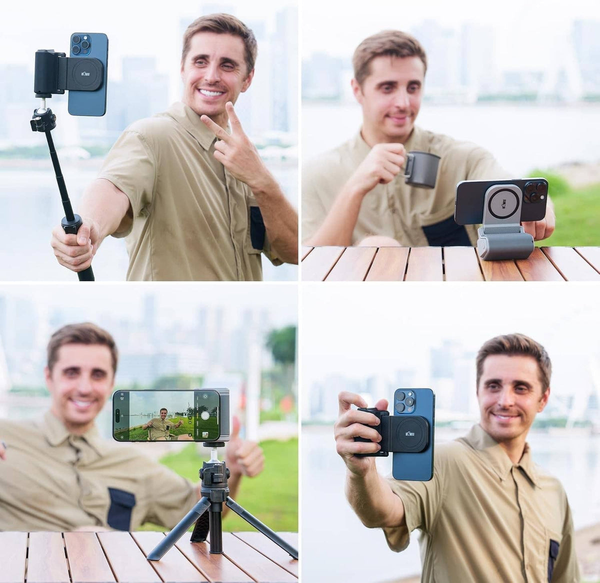 Gray magnetic phone grip mounted on tripod with smartphone for video recording