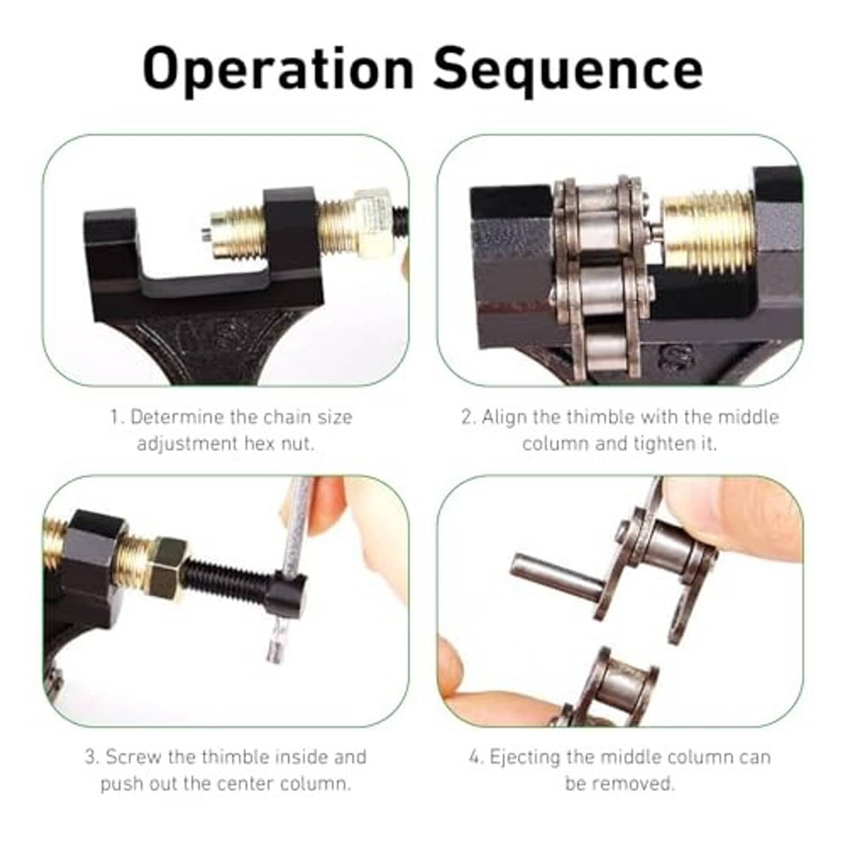 Chain breaker tool operation sequence diagram showing alignment and pin removal