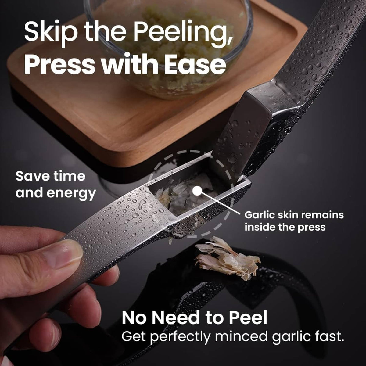 Stainless steel garlic press showing minced garlic without peeling