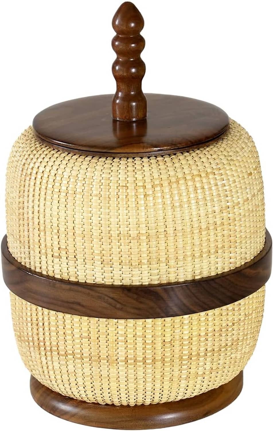 Handmade woven rattan circular storage basket in natural light-yellow weave, dark wood lid