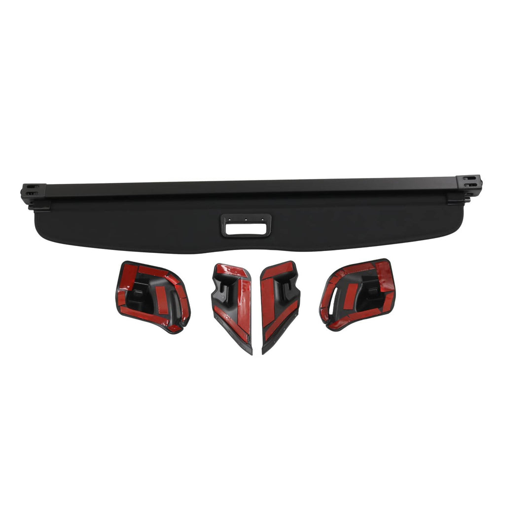 Black trunk cargo cover shade panel with side and center mounting clip pieces