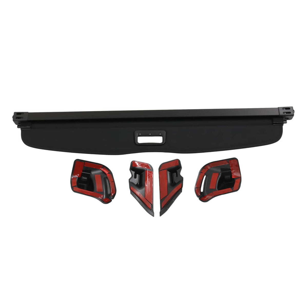 Black trunk cargo cover shade panel with side and center mounting clip pieces