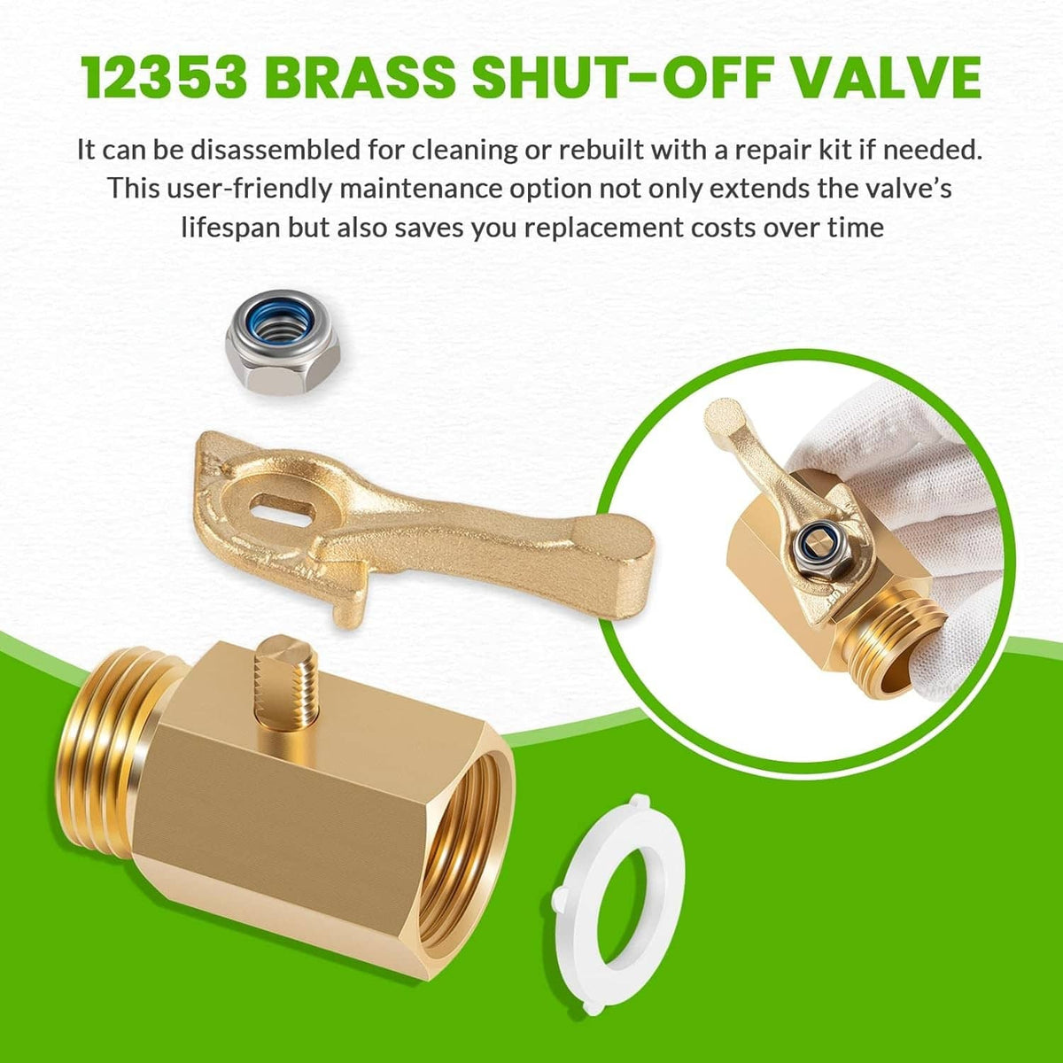 Brass shut-off valve with handle, threaded ends, and removable end cap