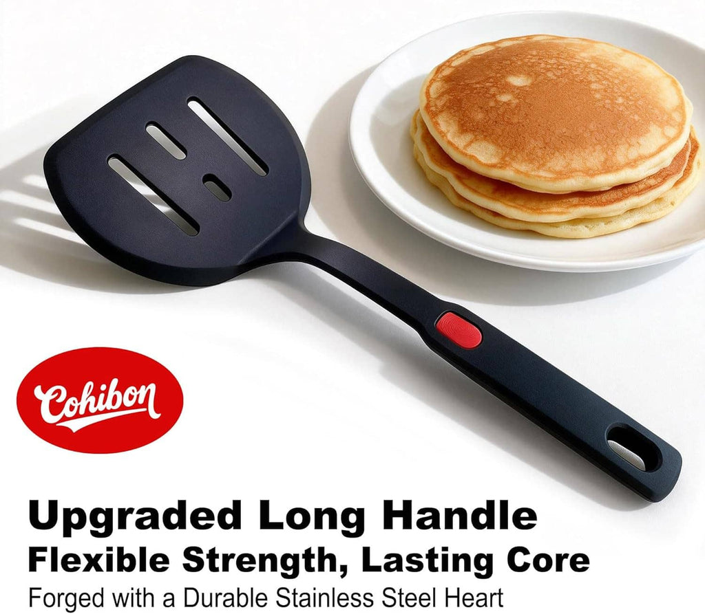 Two-piece silicone pancake spatula set, black with red handle accents and slotted turner heads