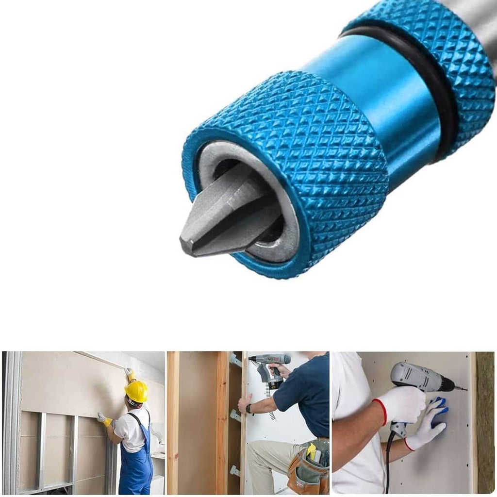 Close-up of blue textured bit holder gripping a PH2 drywall screw bit.