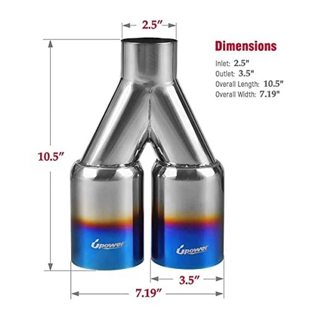 Dual exhaust tips dimensions: 2.5 in inlet, 3.5 in outlet, 10.5 in overall length
