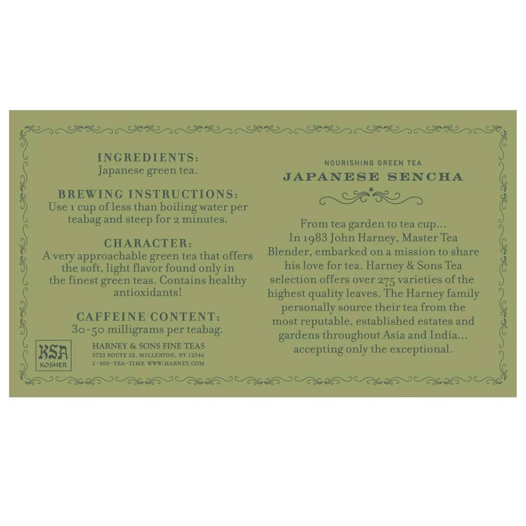 Japanese Sencha green tea box label with ingredients and brewing instructions