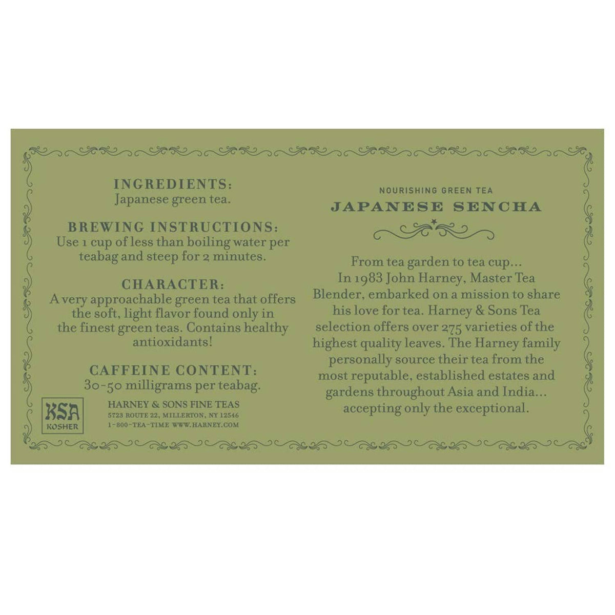 Japanese Sencha green tea box label with ingredients and brewing instructions