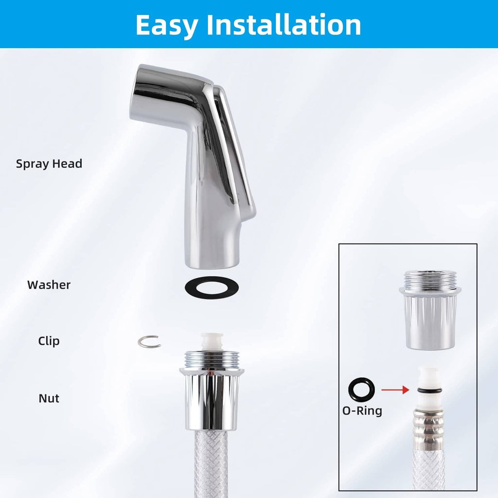 Chrome sink sprayer head with washer, clip, nut, and O-ring for installation