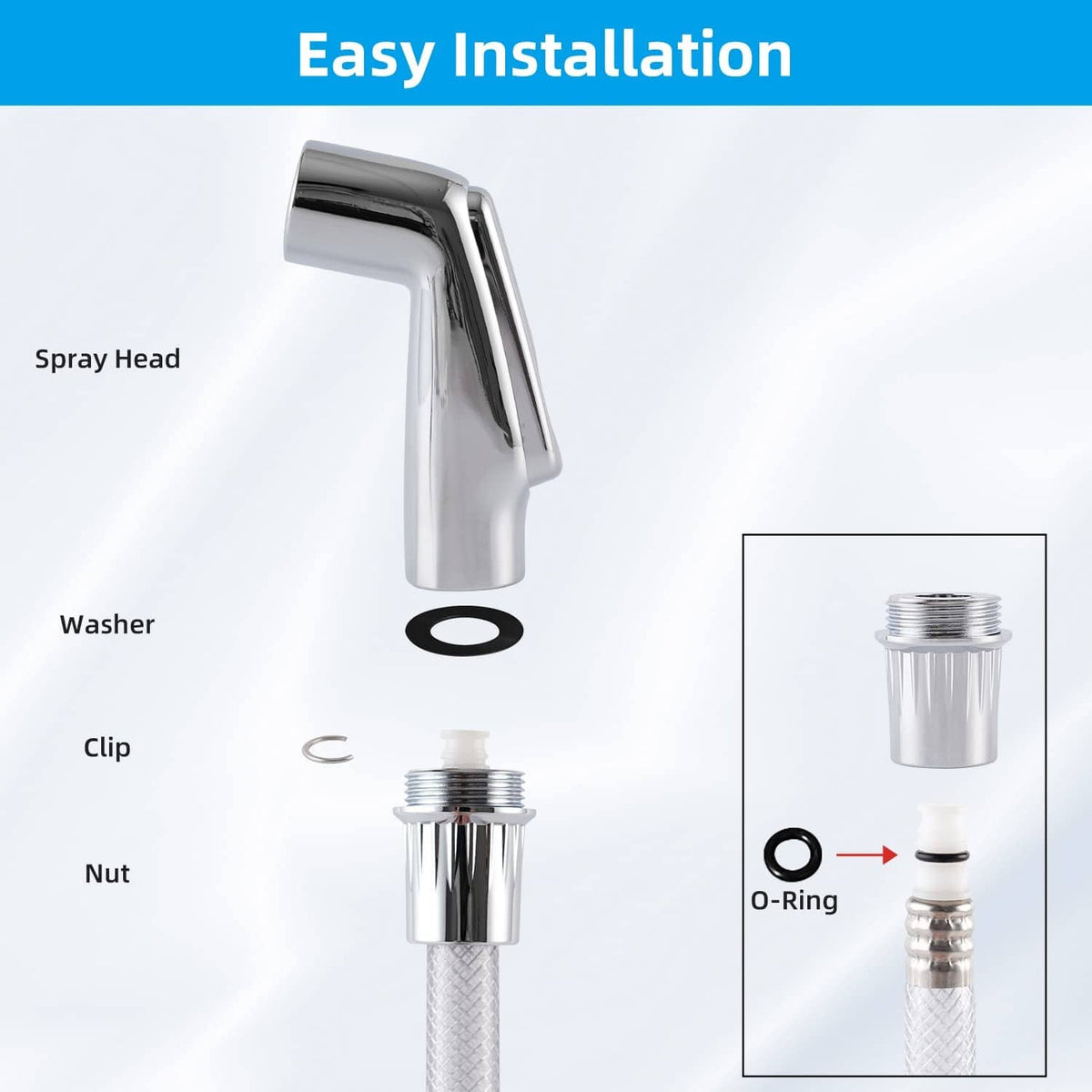 Chrome sink sprayer head with washer, clip, nut, and O-ring for installation