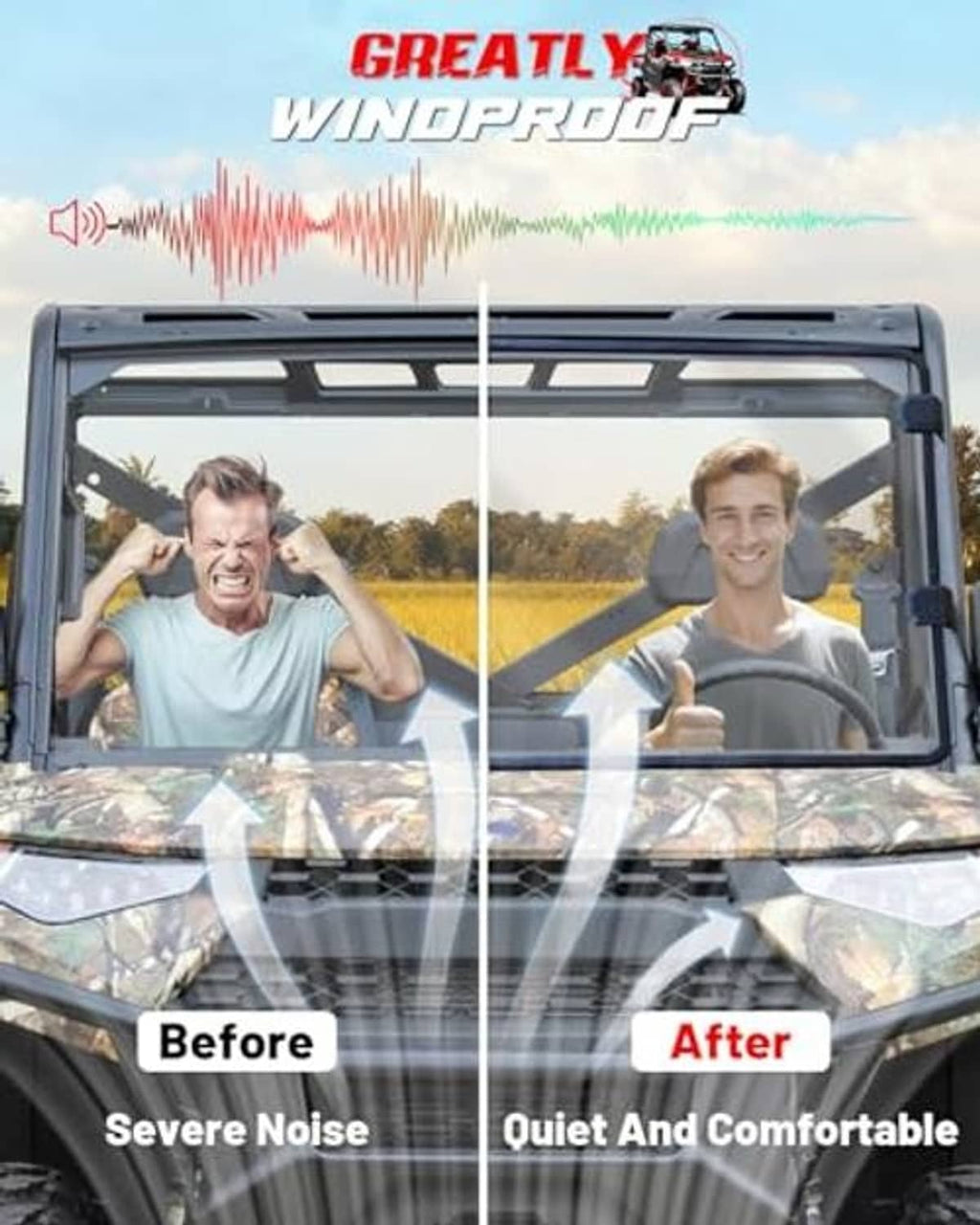 UTV front windshield with clear panel and dark frame shown in split comfort comparison