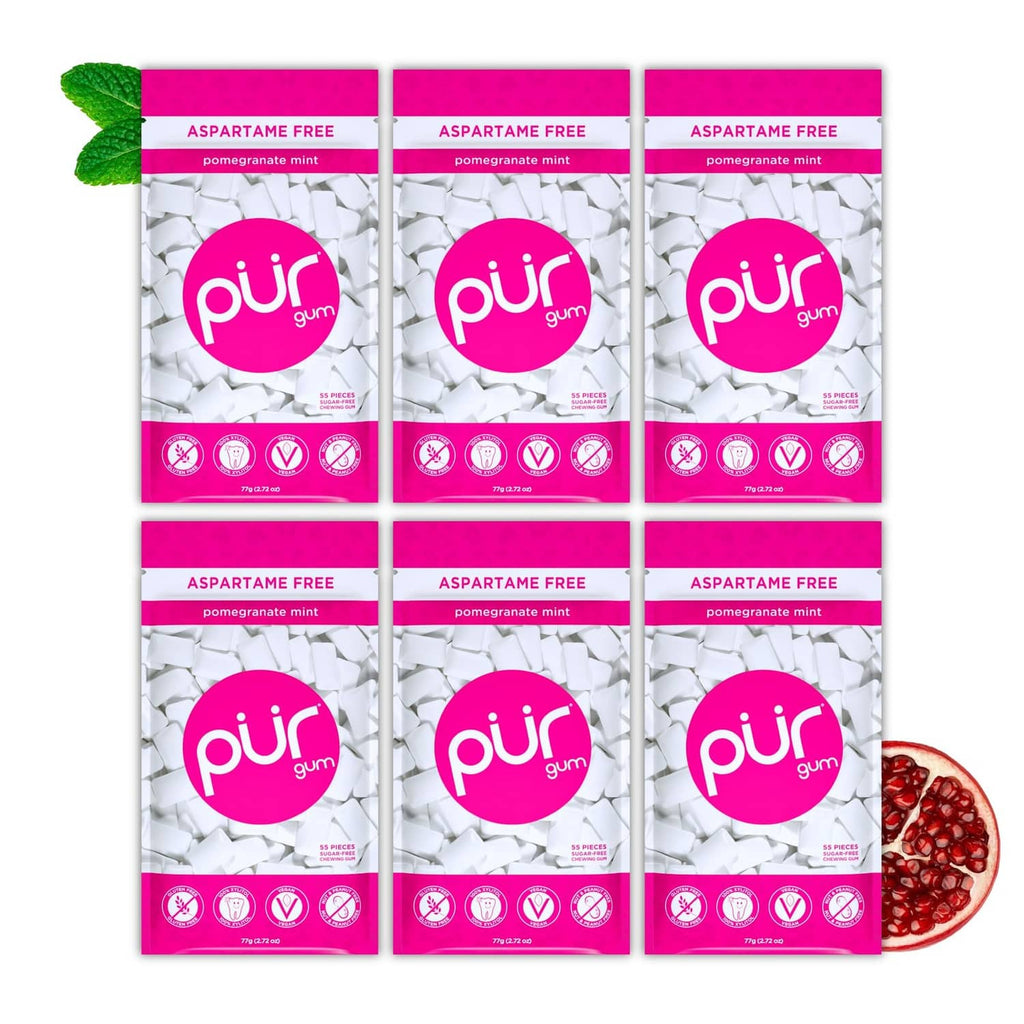 Aspartame-free pomegranate mint xylitol gum pouches, 6-pack with pur branding