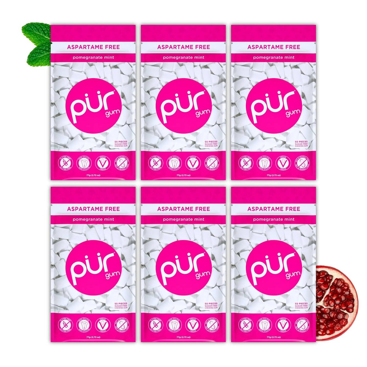 Aspartame-free pomegranate mint xylitol gum pouches, 6-pack with pur branding