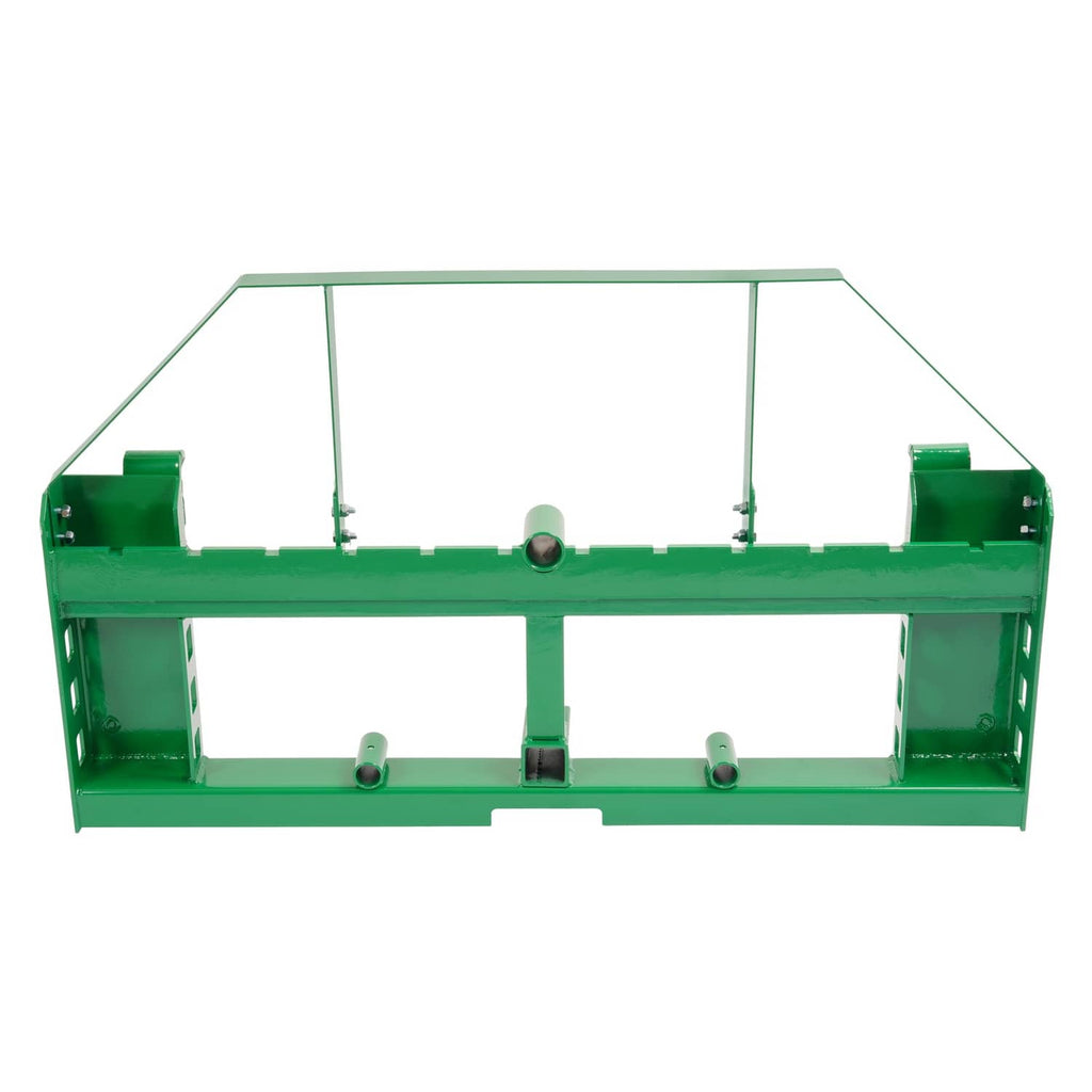 Green pallet fork frame side view with fork pockets and crossbar support