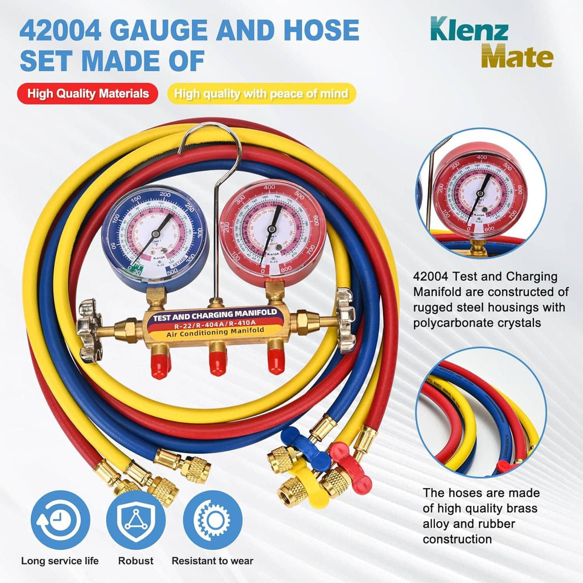 Gauge and hose set with two dial gauges, brass manifold block, multicolor hoses