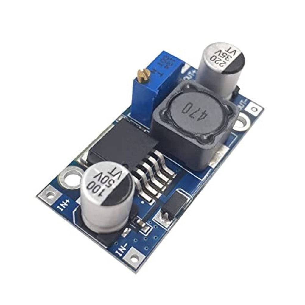 Blue DC-DC buck converter board with large inductor, two capacitors, and switching IC