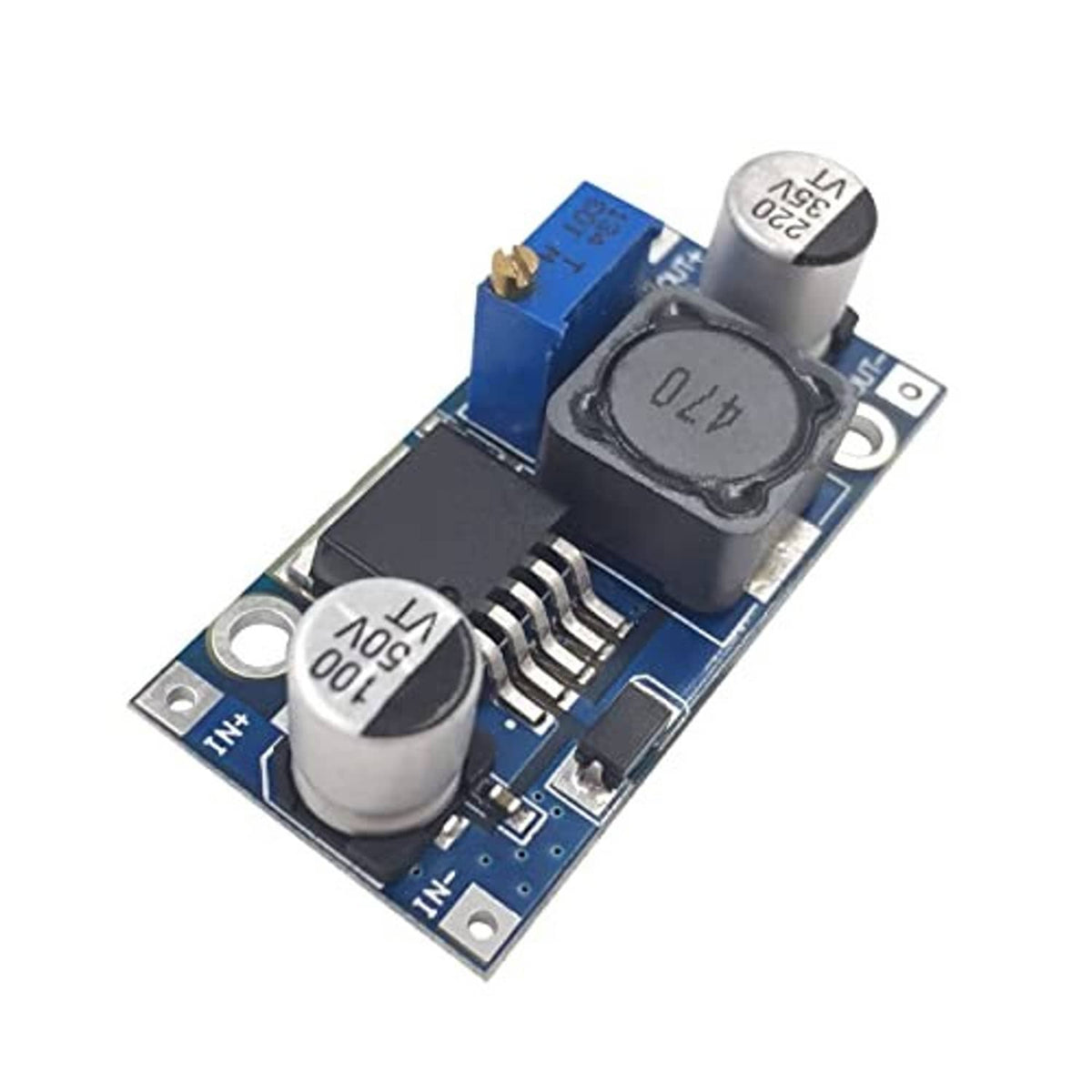 Blue DC-DC buck converter board with large inductor, two capacitors, and switching IC