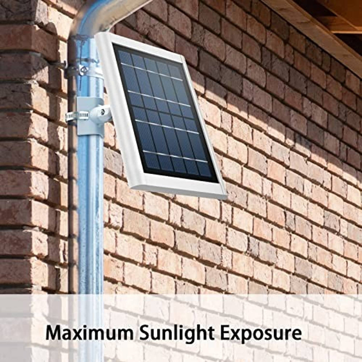 White solar panel mount with solar panel installed on an exterior wall bracket