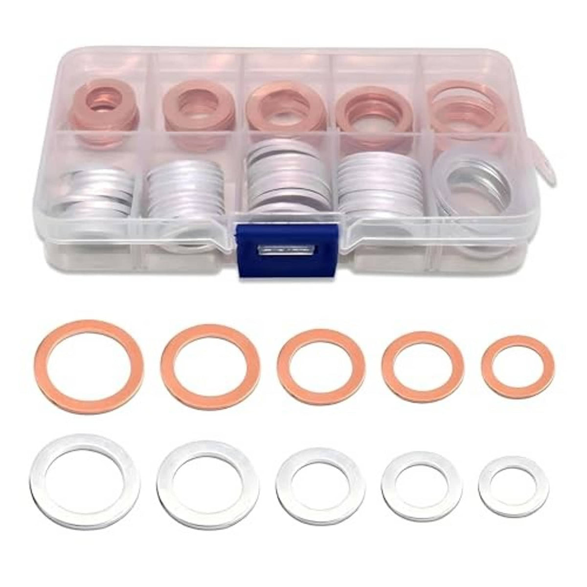 Oil drain plug gasket assortment in organizer box with copper and silver crush washers