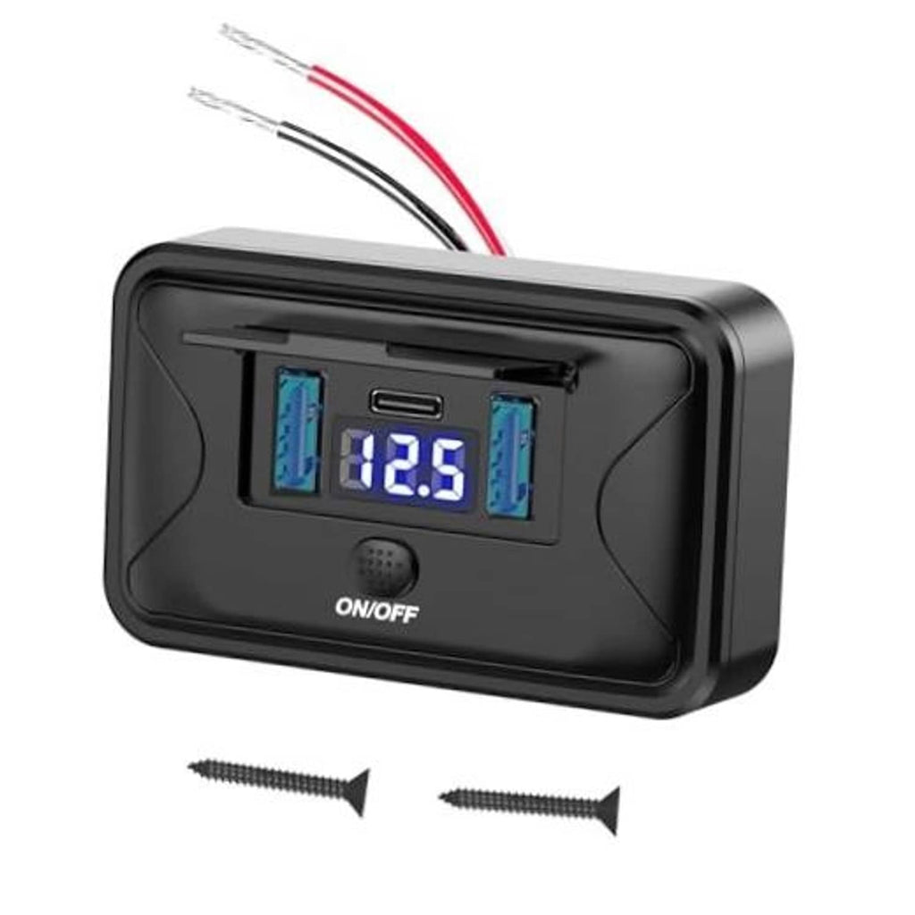 Black 12V USB wall panel with digital voltage display, USB-C and dual USB-A ports, ON/OFF
