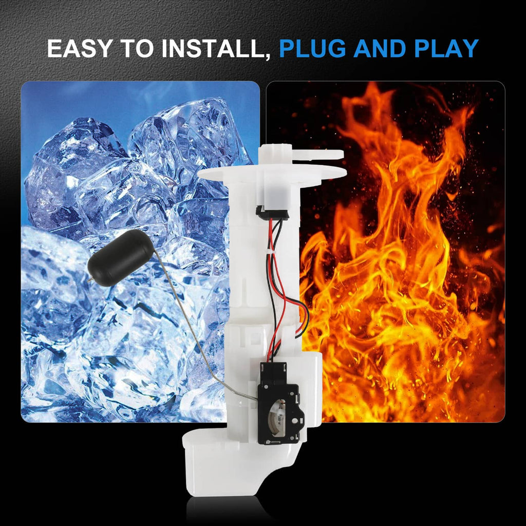 Fuel pump assembly with white housing and black float sensor, plug-style connector