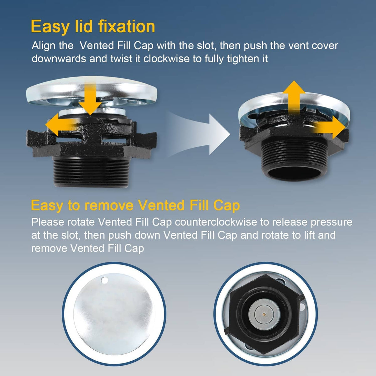 Vented fill cap with round cover on threaded fuel tank opening
