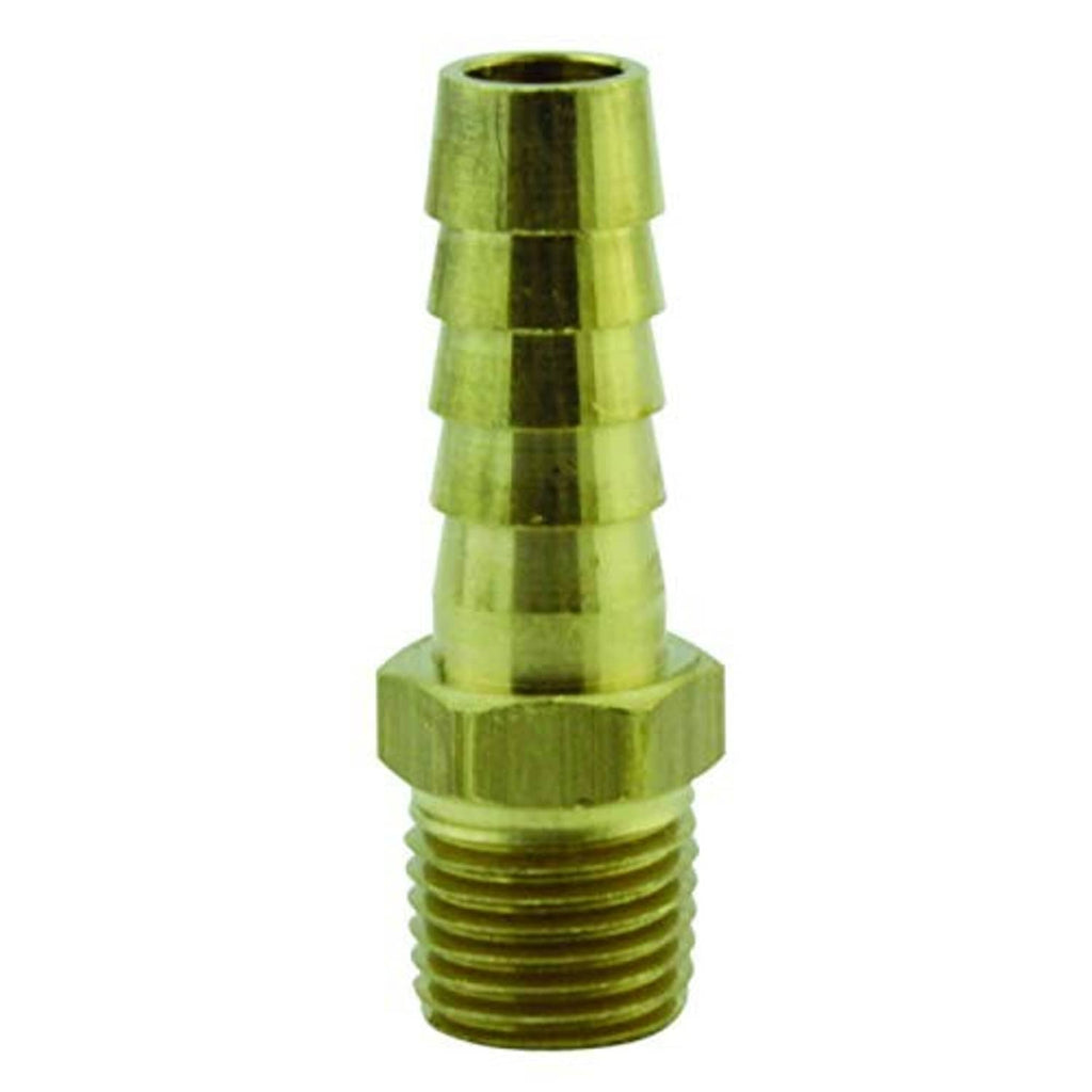 Olive brass hose end fitting with stepped barb and male threads, 1/4" MNPT x 3/8" ID