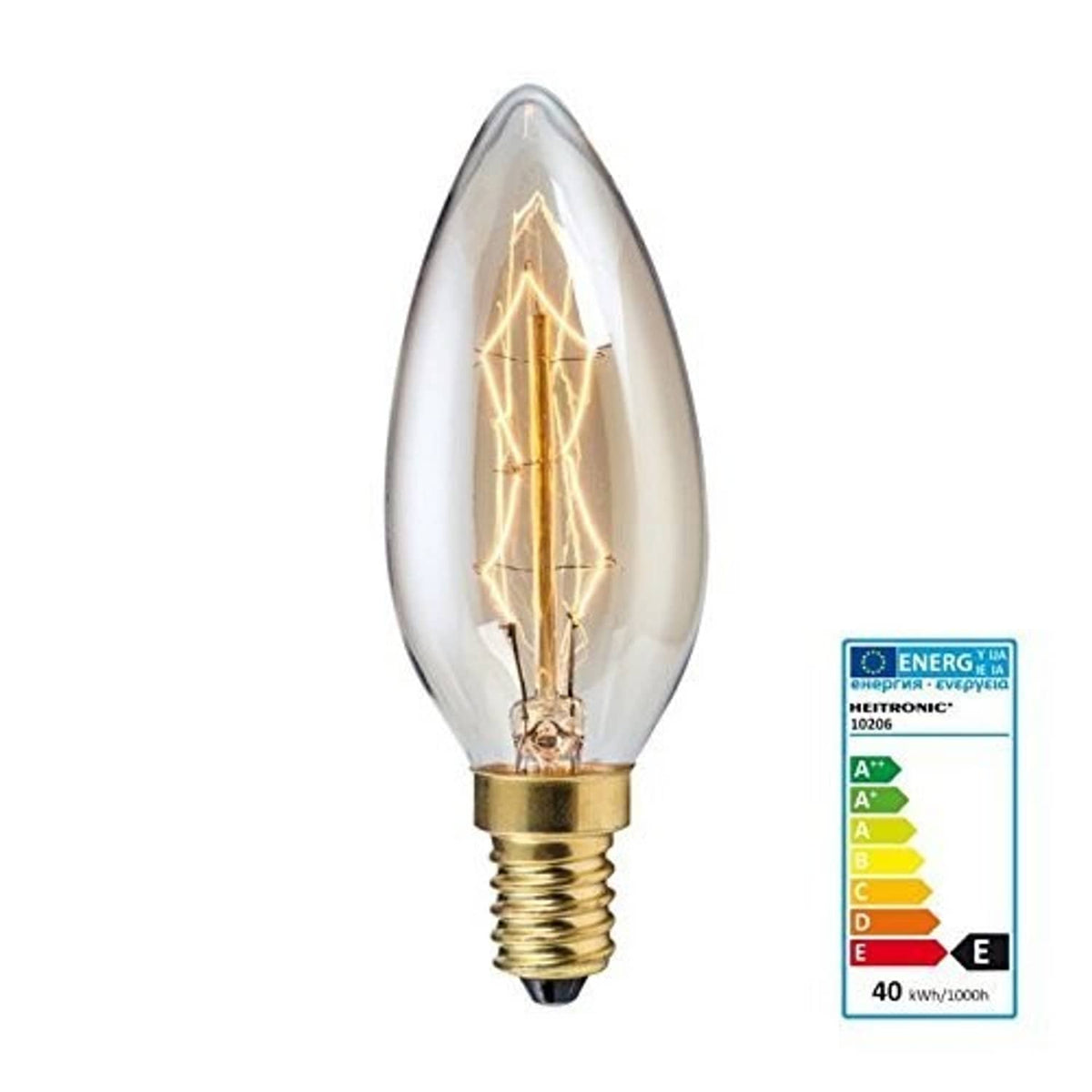 C35 LED bulb with E14 base, frosted glass, and energy label sticker.