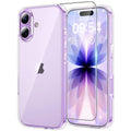 Clear iPhone 17 case with screen protector, purple-tinted frame, dual camera cutouts