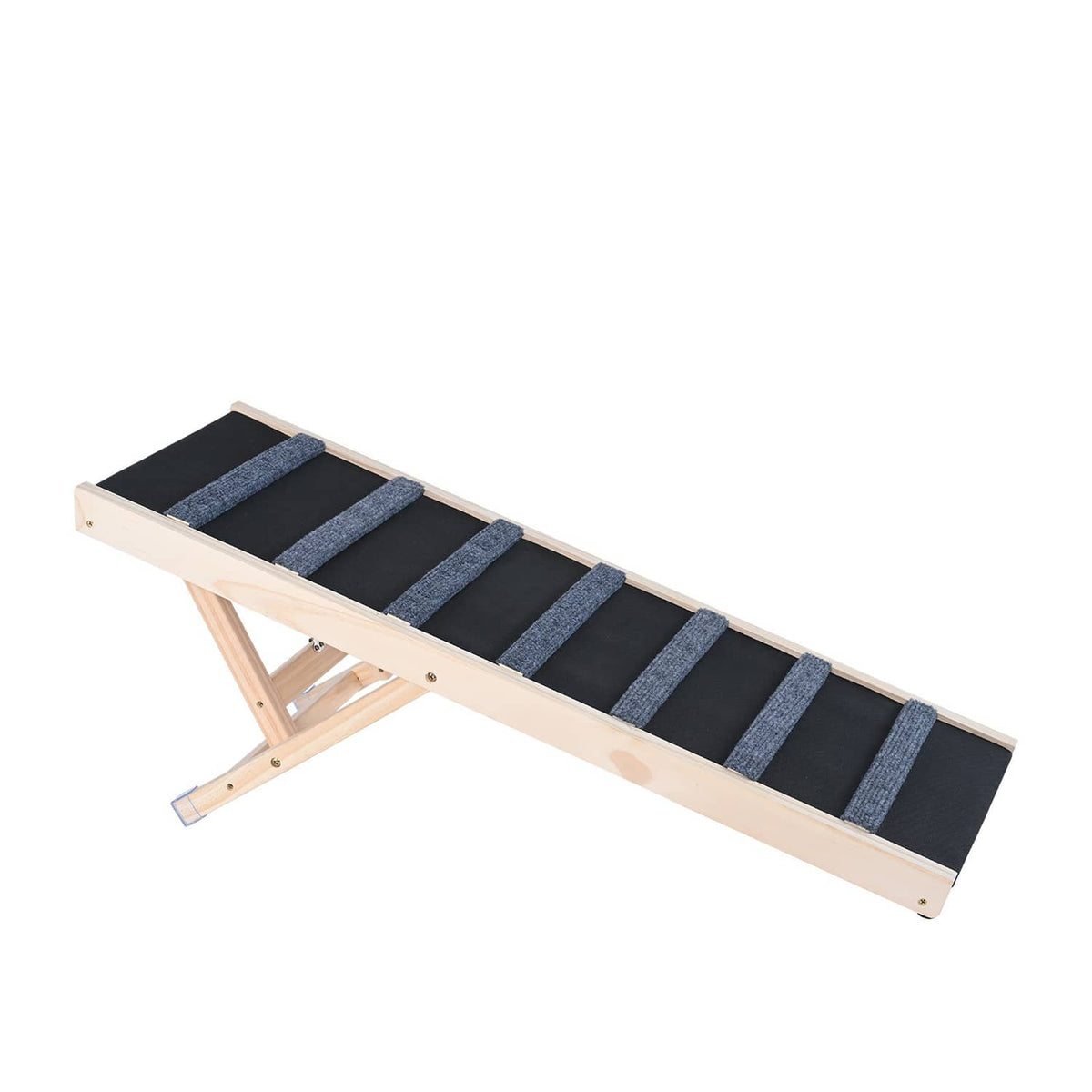 Folding pet ramp with dark step pads and light wood frame, angled view on floor