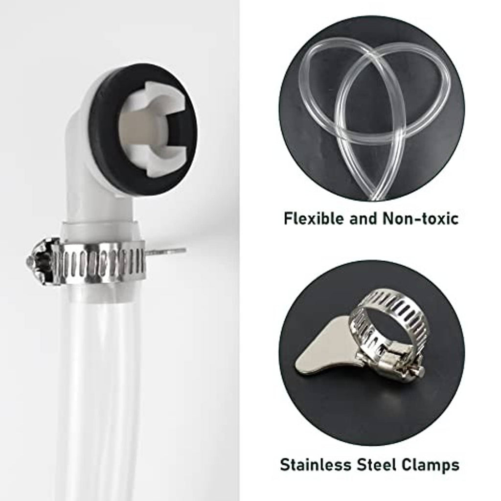 Elbow drain hose connector with black rubber gasket and stainless steel clamp