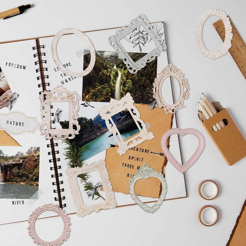 Decorative lace-style photo frames and tags for scrapbooking, featuring ornate oval and heart shapes.