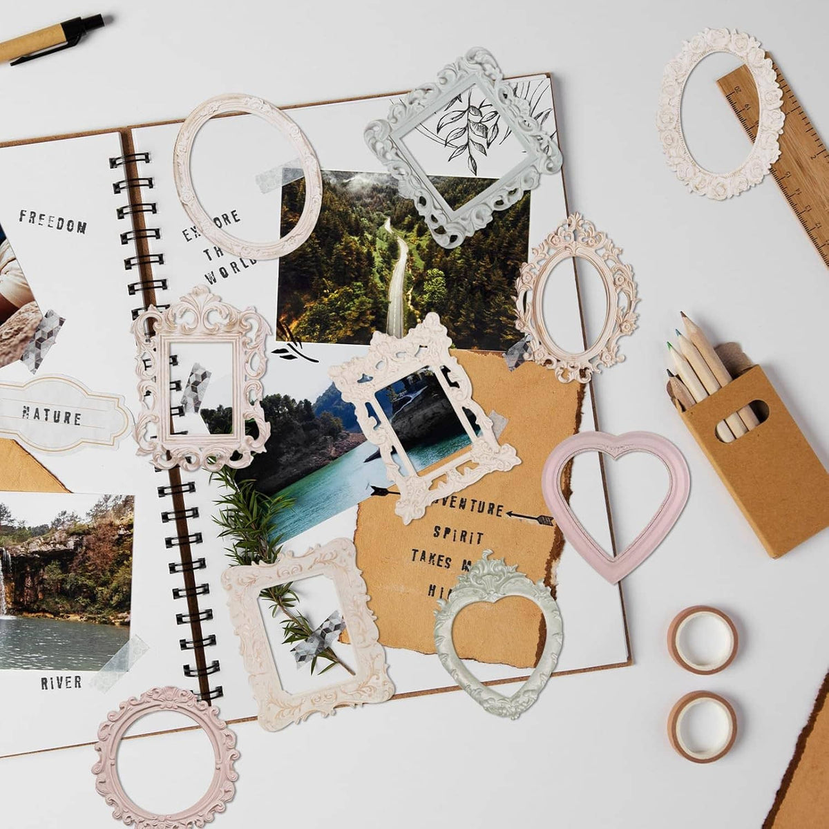 Decorative lace-style photo frames and tags for scrapbooking, featuring ornate oval and heart shapes.