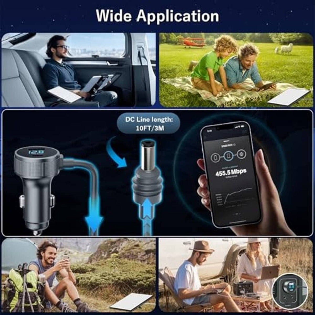 Vehicle DC power cable with cigarette lighter plug, round voltage display, and long cord