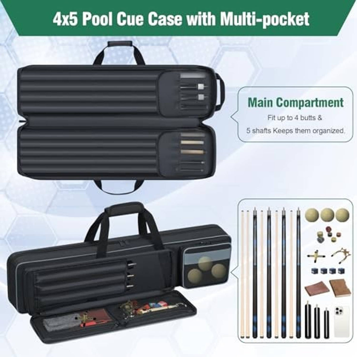 Black pool cue case with main compartment and accessory storage pockets for shafts