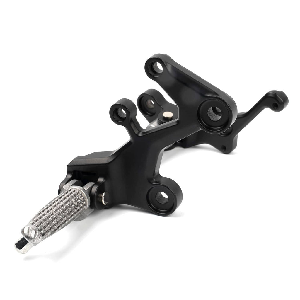 Front driver foot peg bracket for motorcycle, black metal with mounting holes and lever peg