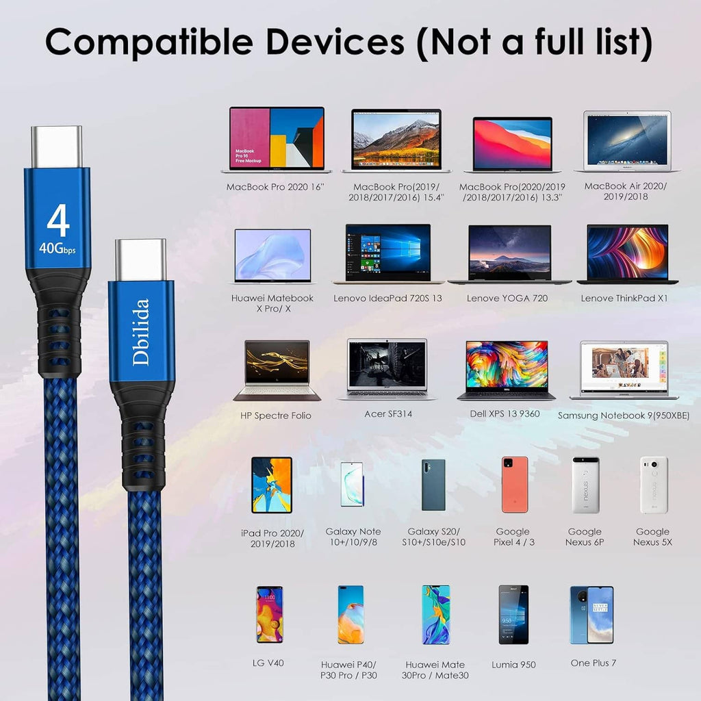 Thunderbolt 4 cable compatible devices chart, 40Gbps marked on the cable