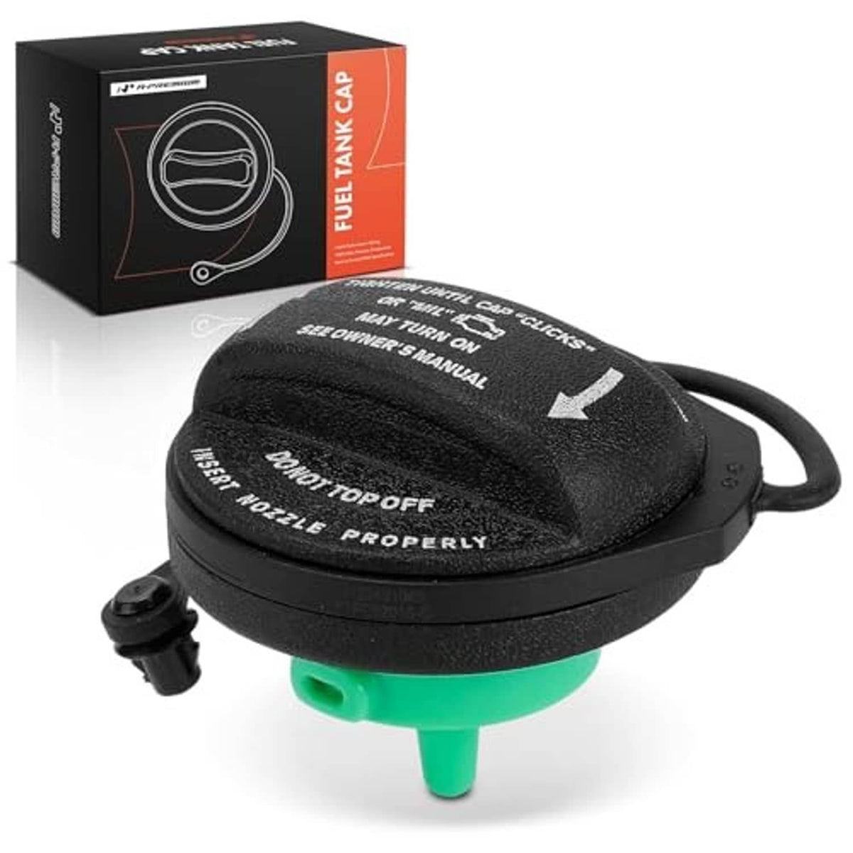 Textured black fuel tank cap with green insert and tether loop on side