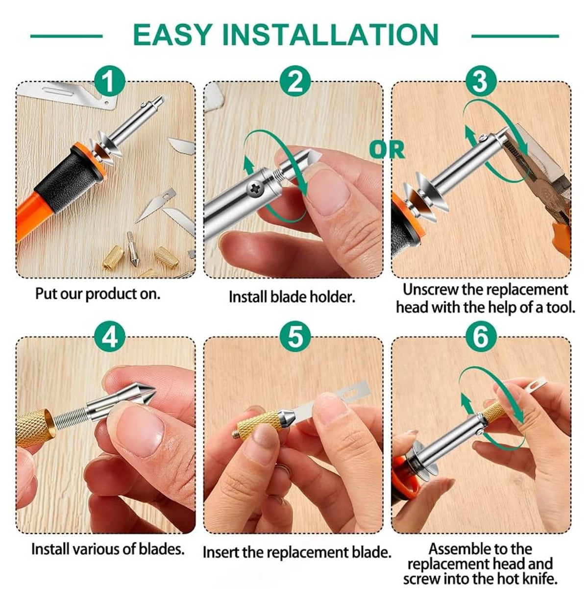 Electric hot knife cutter tool with orange handle, blade holder, and replacement blades