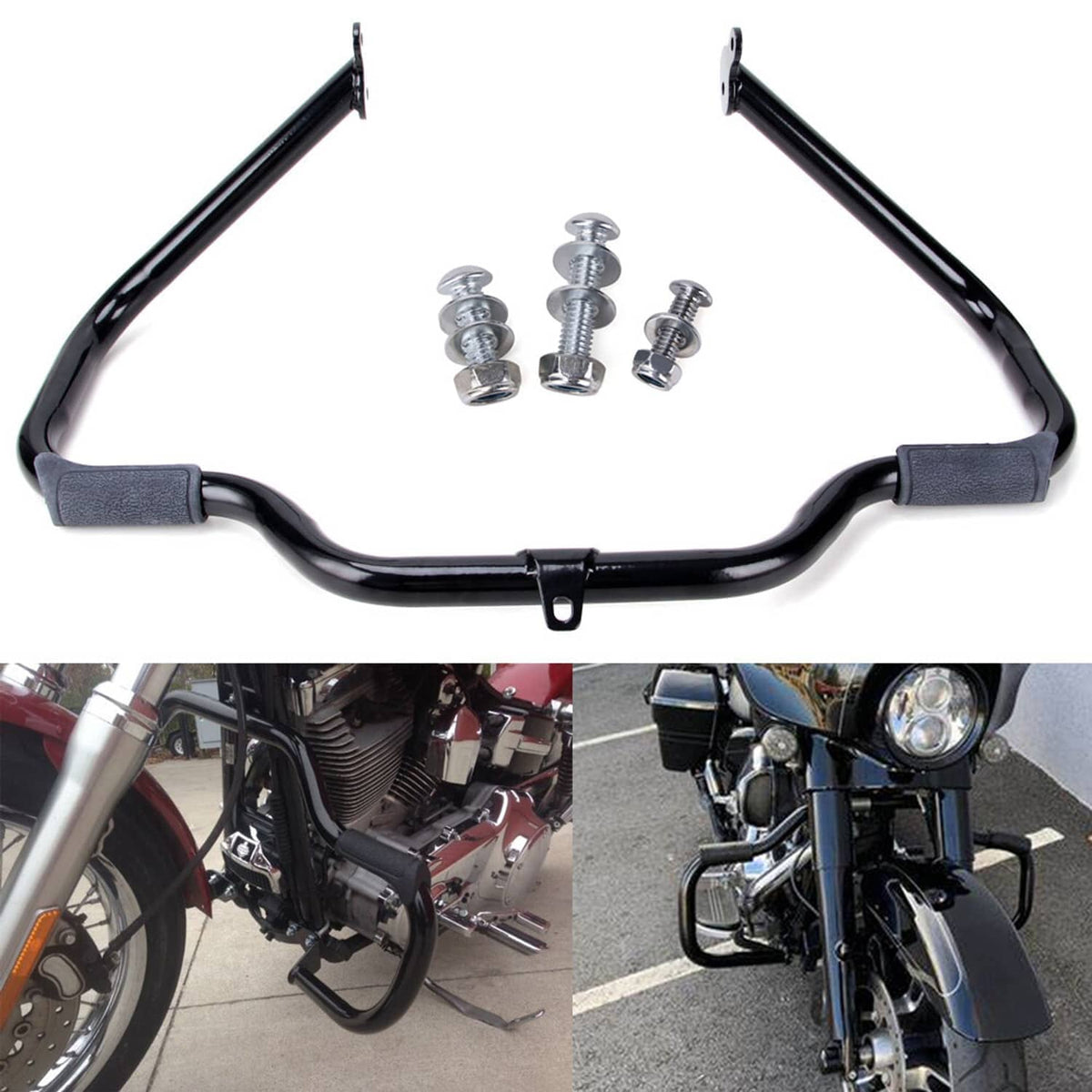 Black engine crash guard bar with top bracket and side end mounts