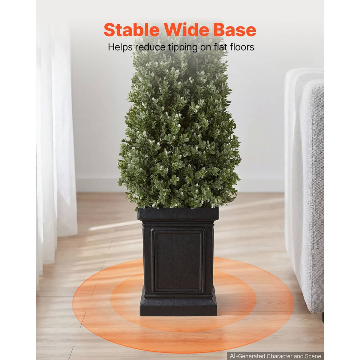 Artificial boxwood topiary, dark green cone tree in black pot with wide square base