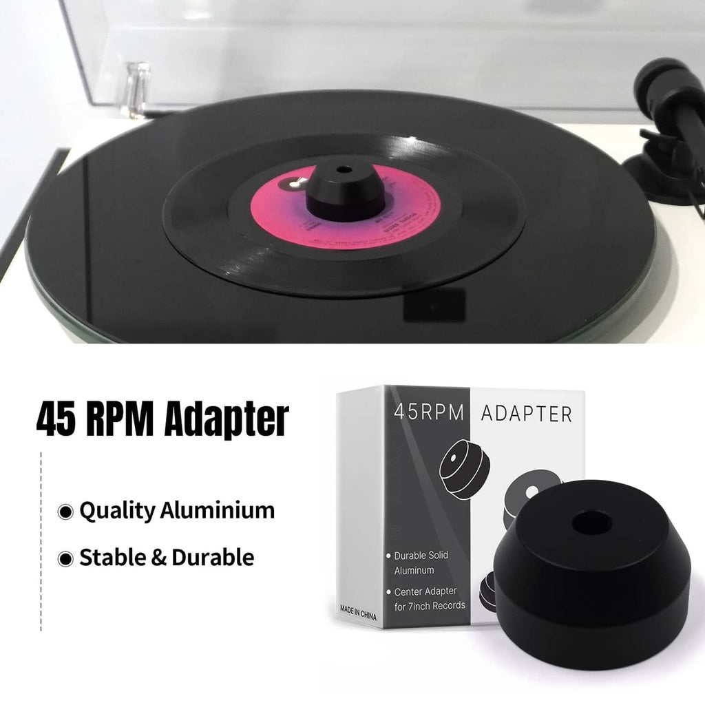 Black 45 RPM center adapter for 7-inch records, solid aluminum disc with center hole