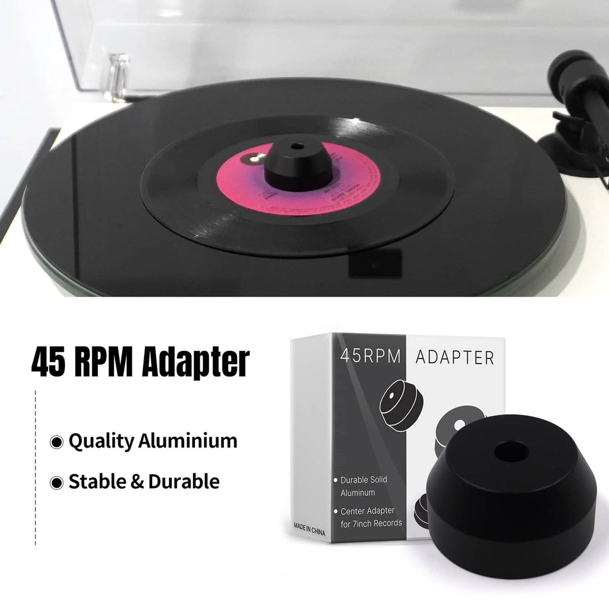 Black 45 RPM center adapter for 7-inch records, solid aluminum disc with center hole