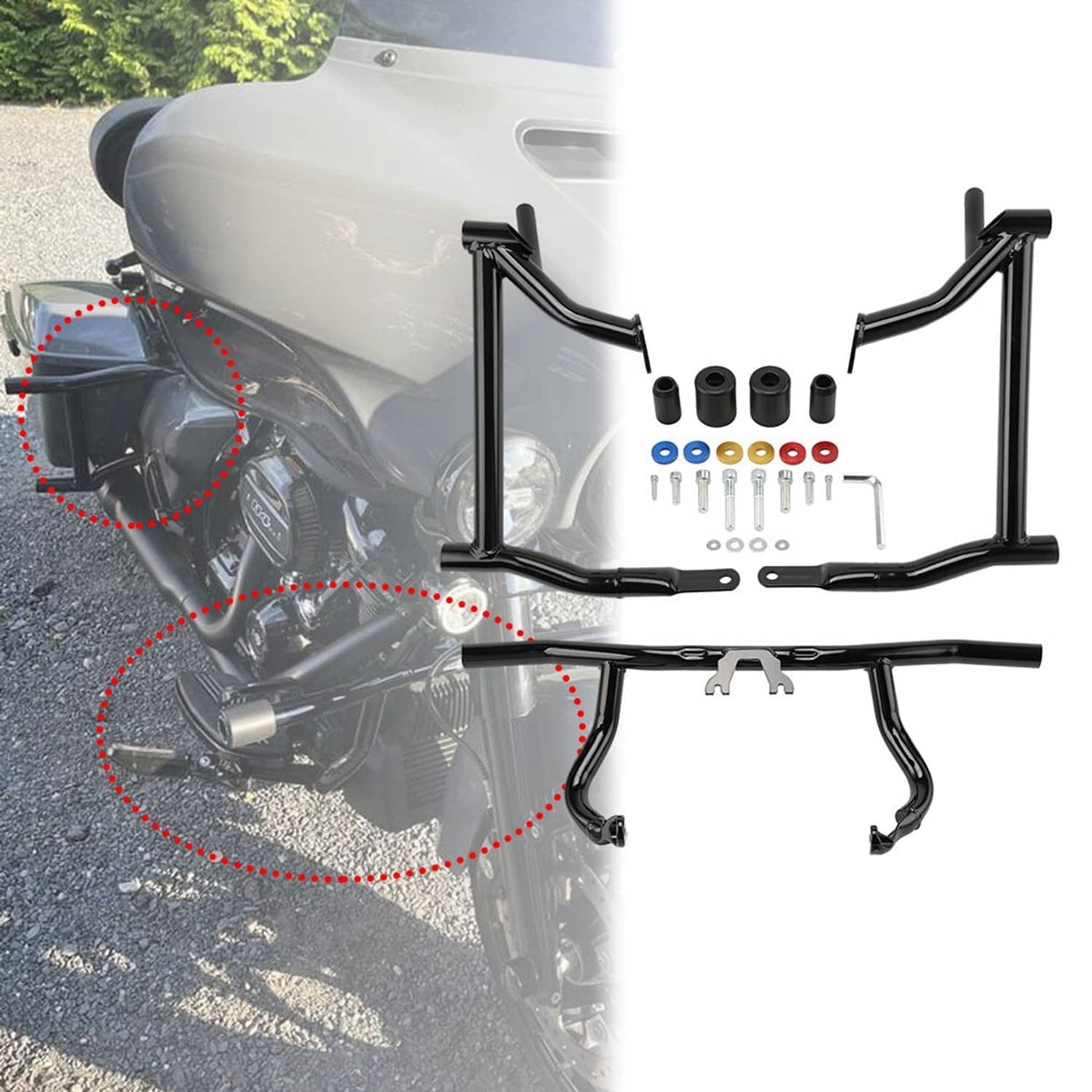 Black crash bar frame kit with bolts and colored washers, front fairing mounting pieces