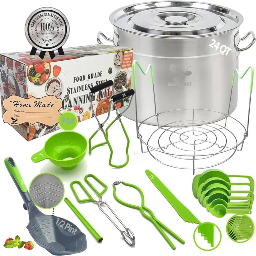24 qt stainless steel water bath canning pot bundle with rack and green tools