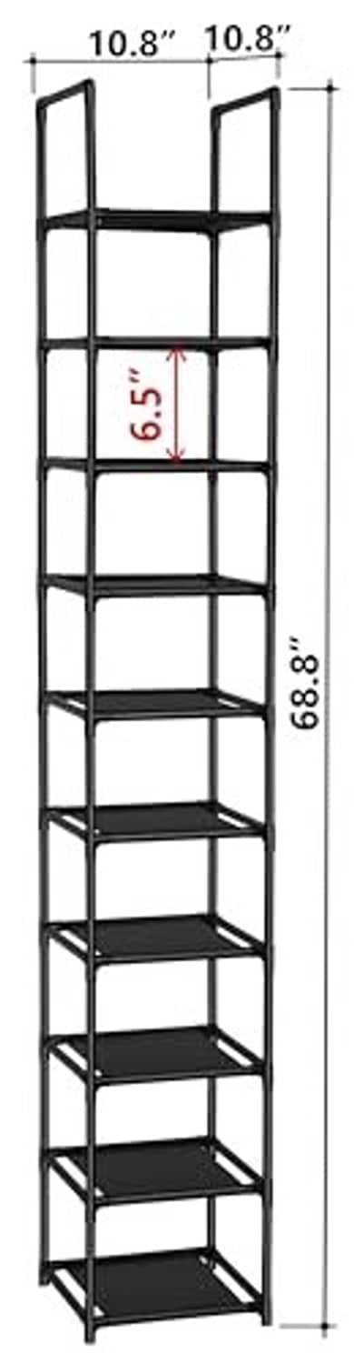 Black 10-tier shoe rack with open shelves and shown height dimensions