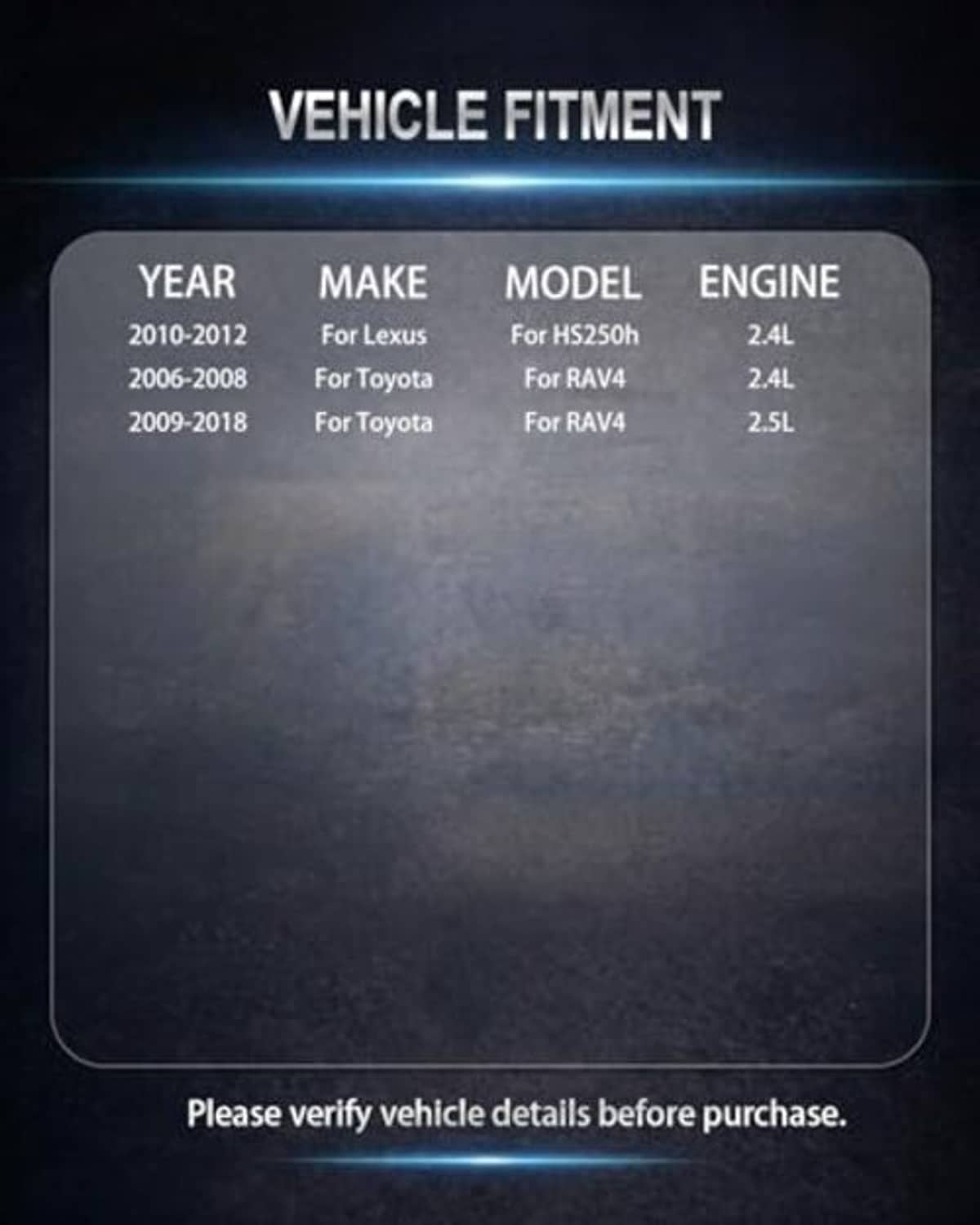 Vehicle fitment chart for ceramic brake pads with year make model engine table