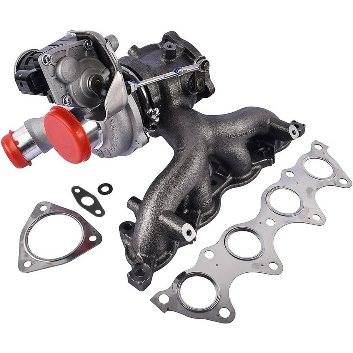 Turbocharger with silver housings, red inlet caps, and included gasket set