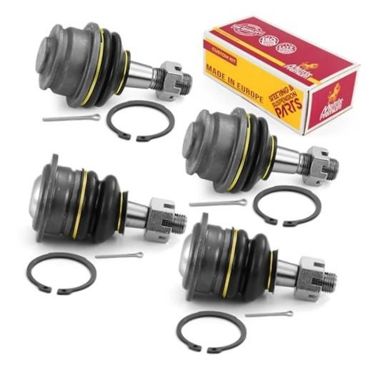 Front upper and lower ball joint kit with black rubber boots, yellow rings, and hardware